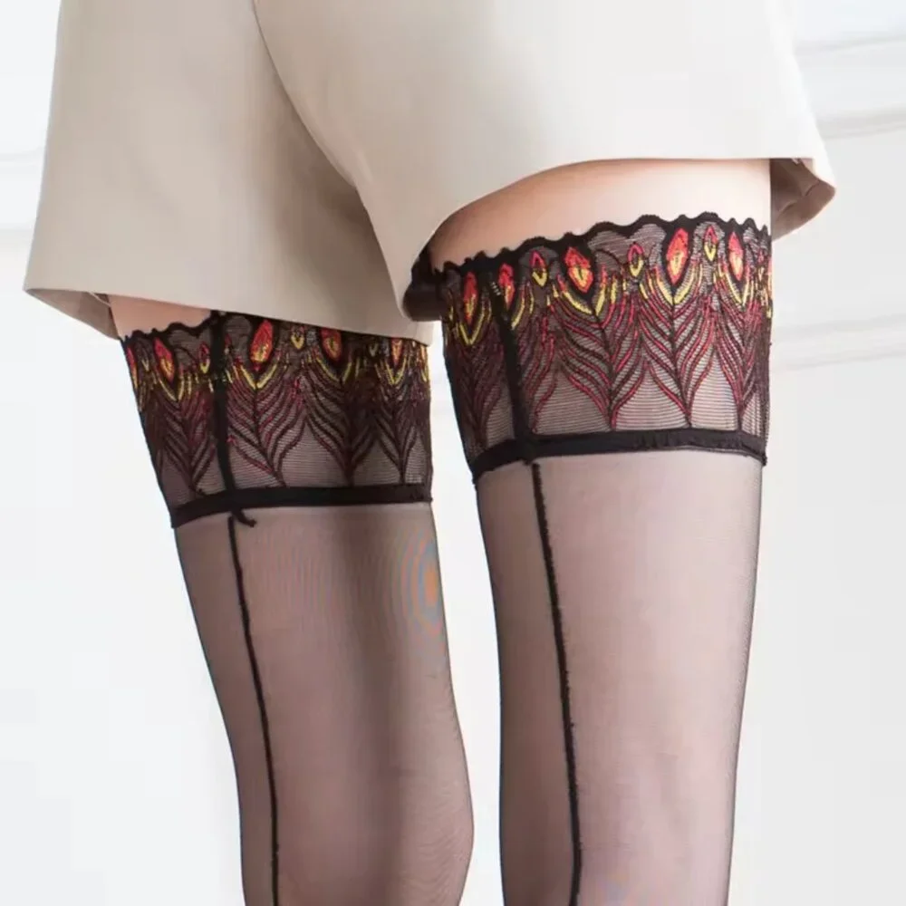 Peacock Feather Pattern Backsit Stockings Thigh Stockings With Silicone Stripe